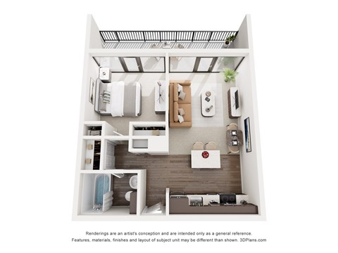 Floor plan for 1 bed, 1 bath, 587 sqft